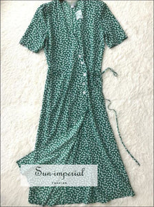 Sun-imperial Polka Dot Print Women Midi Dress Spring V Neck Buttoned Short Sleeve Vintage Vacation dot, dot print, dress, High quality midi 