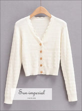 Sun -imperial Purple V Neck Crop Knit Cardigan with Wave Hem Flower Coin Golden Buttons through out cardigan, chick sexy style, vintage 