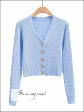 Sun -imperial Purple V Neck Crop Knit Cardigan with Wave Hem Flower Coin Golden Buttons through out cardigan, chick sexy style, vintage 