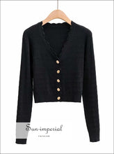 Sun -imperial Purple V Neck Crop Knit Cardigan with Wave Hem Flower Coin Golden Buttons through out cardigan, chick sexy style, vintage 