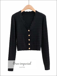 Sun -imperial Purple V Neck Crop Knit Cardigan with Wave Hem Flower Coin Golden Buttons through out cardigan, chick sexy style, vintage 