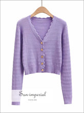 Sun -imperial Purple V Neck Crop Knit Cardigan with Wave Hem Flower Coin Golden Buttons through out cardigan, chick sexy style, vintage 
