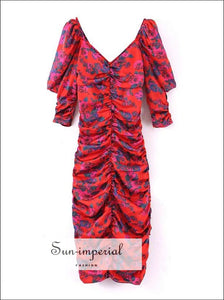Sun-imperial Red Floral Print Ruched Dress V Neck Backless Short Puff Sleeve Midi Party Dress