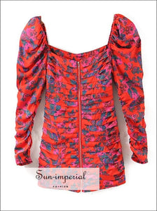 Sun-imperial Red Floral Print Ruched Mini Dress Long Puff of the Shoulder Sleeve Mini Party Dress