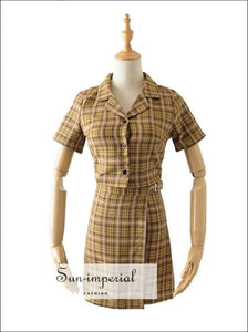 Sun-imperial Red Vintage Button front Plaid Blouse with Mini Plaid Skirt High Street Fashion