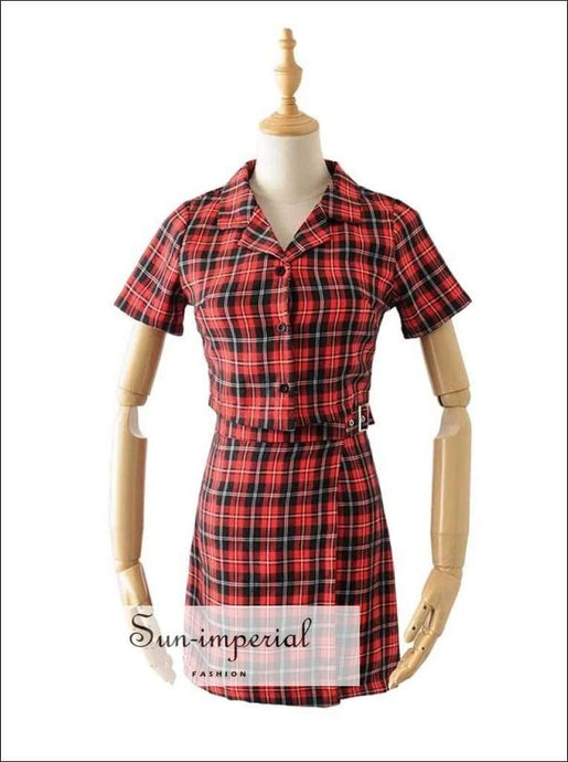 Sun-imperial Red Vintage Button front Plaid Blouse with Mini Plaid Skirt High Street Fashion