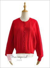 Sun-imperial Red Vintage Frill Neck Cable Knit Cardigan casual style, style women blouse, elegant harajuku Preppy Style Clothes SUN-IMPERIAL