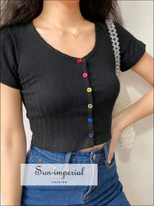 Sun-imperial Ribbed Short Sleeved Tee with Button Details Fitted Crop top High Street Fashion