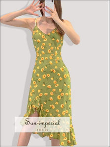 Sun-imperial Ruffles Floral Cami Strap Dresses Women V Neck Slim Elegant Ladies Irregular Summer vintage SUN-IMPERIAL United States