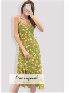 Sun-imperial Ruffles Floral Cami Strap Dresses Women V Neck Slim Elegant Ladies Irregular Summer vintage SUN-IMPERIAL United States
