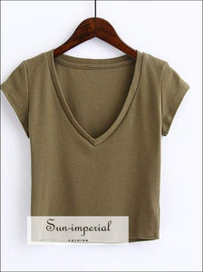 Sun-imperial Rumi Deep V Neck Short Sleeve Tee Crop top Cotton T-shirt High Street Fashion