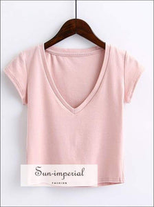 Sun-imperial Rumi Deep V Neck Short Sleeve Tee Crop top Cotton T-shirt High Street Fashion
