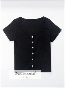 Sun-imperial Scoop Neck Button Down Fitted Ribbed Crop top Crop Tee High Street Fashion