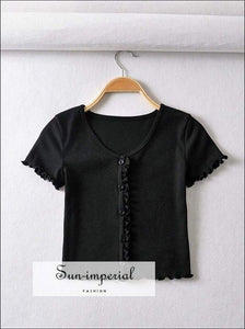 Sun-imperial Scoop Neck Button Down Lettuce Edge Tee Short Sleeves Ribbed Crop T-shirt with Ruffle