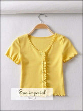 Sun-imperial Scoop Neck Button Down Lettuce Edge Tee Short Sleeves Ribbed Crop T-shirt with Ruffle