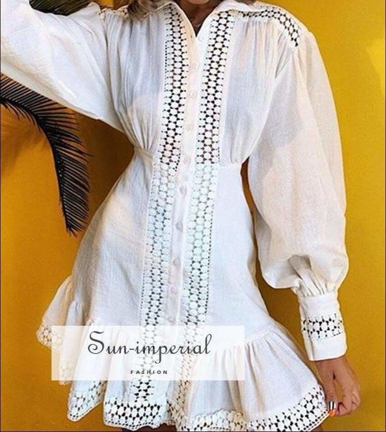 Sun-imperial Solid Embroidery Mini Dress Ruffle Hem Long Sleeve Vintage Spring Beach Boho Casual SUN-IMPERIAL United States