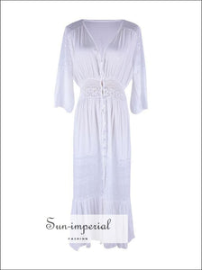Sun-imperial Solid Lace Cover up Summer Robe V Neck Buttoned Beach Dress Loose Summer Dress