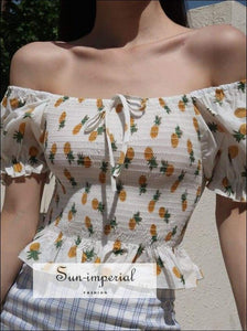Sun-imperial Square Collar Bowknot Puff Sleeve Woman Blouses Printed High Waist Short Sleeve Elastic
