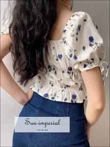 Sun-imperial Square Collar Puff Sleeve Woman Blouses Vintage Print Bow Tie Short Sleeve Shirts