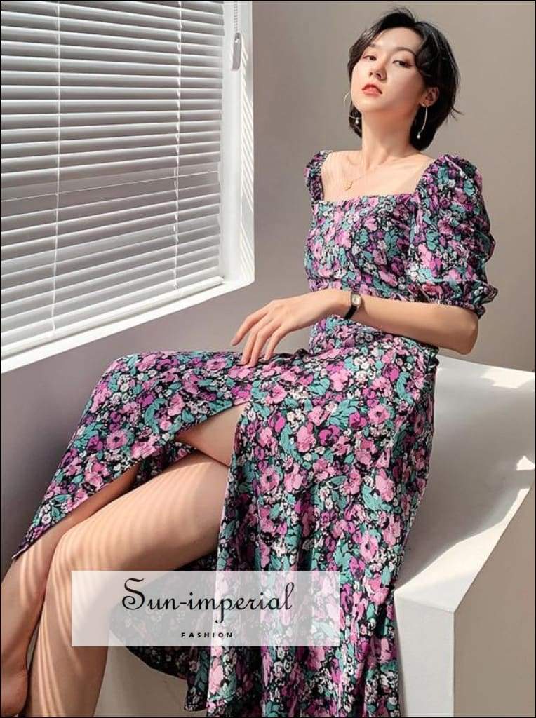 Sun-imperial Square Collar Puff Sleeve Women Dresses Vintage Floral Short Maxi Long Dress vintage SUN-IMPERIAL United States