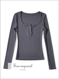Sun-imperial Square Neck Long Sleeved Fitted T-shirt With Buttons Detail Basic style, chick sexy harajuku PUNK STYLE, sporty style