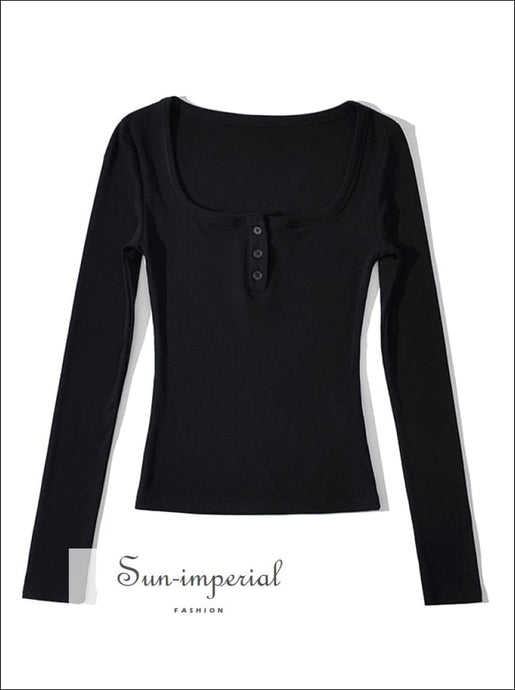 Sun-imperial Square Neck Long Sleeved Fitted T-shirt With Buttons Detail Basic style, chick sexy harajuku PUNK STYLE, sporty style