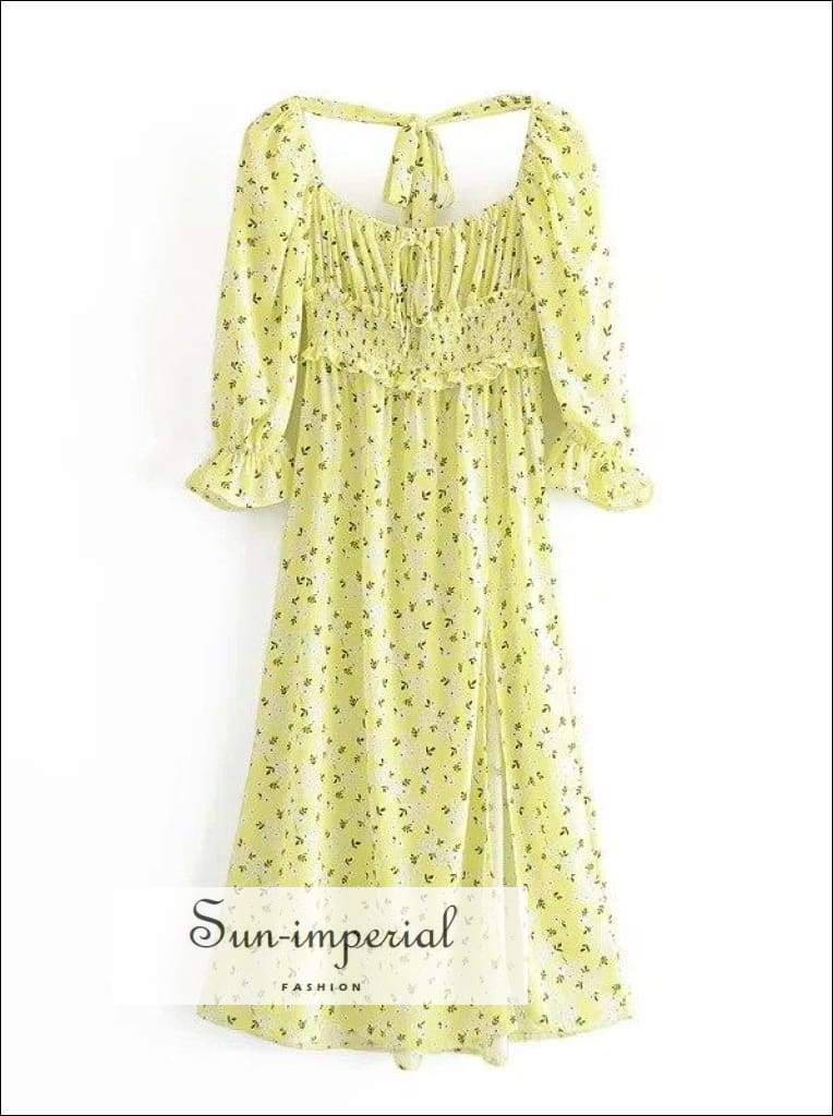Sun-imperial Square Neck Printed Bow Woman Dresses Split Long Beach Dress Elastic Waist Summer Maxi vintage SUN-IMPERIAL United States