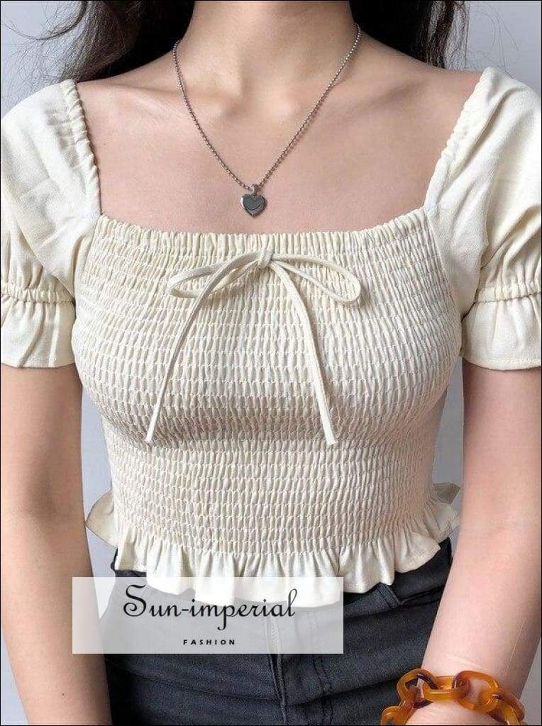 Sun-imperial Square Neck Puff Sleeve Woman Blouses Shirts Slim Sweet Bow Short Sleeve Summer Women