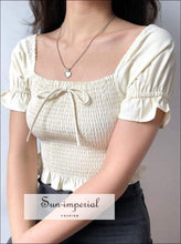 Sun-imperial Square Neck Puff Sleeve Woman Blouses Shirts Slim Sweet Bow Short Sleeve Summer Women