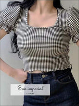 Sun-imperial Square Neck Short Puff Sleeved Plaid top High Street Fashion SUN-IMPERIAL United States