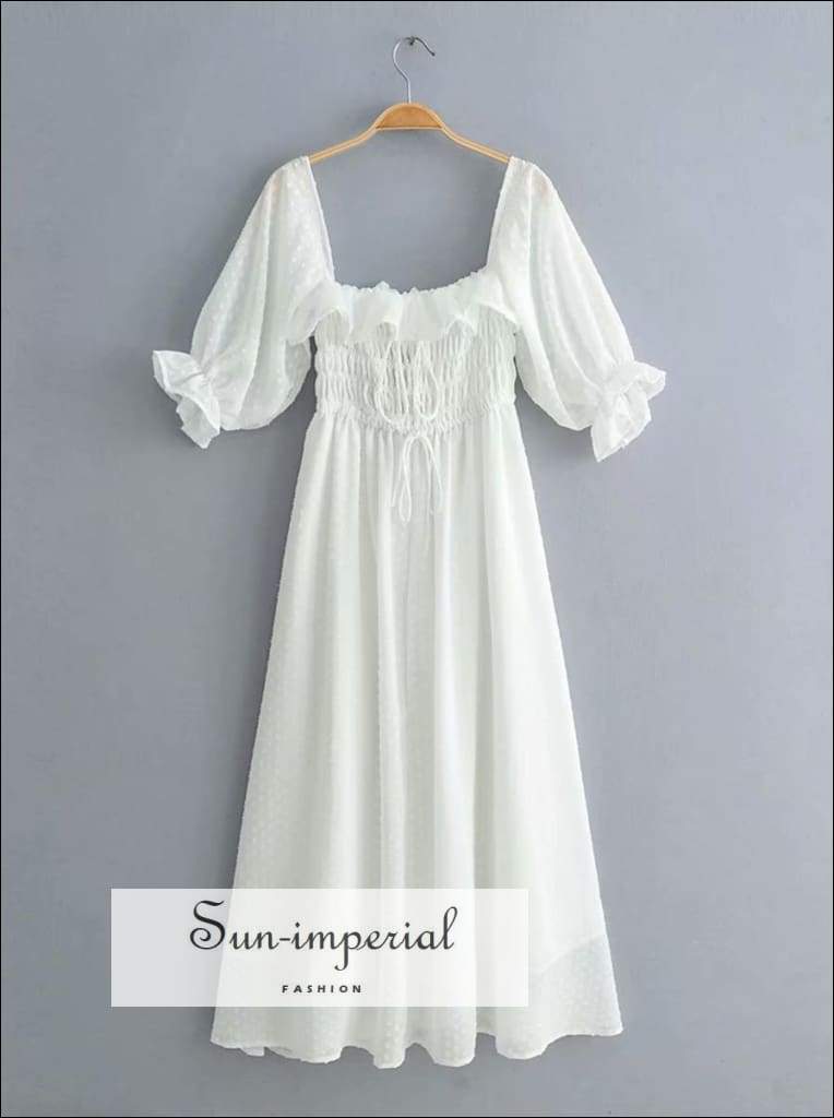 Sun-imperial Square Neckline Half Sleeve Women Dress Hippie Ruffle Trim Boho Dresses Ummer White