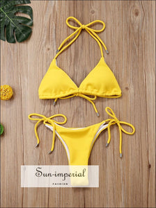 Sun-imperial Yellow Ribbed Tie side High Cut Halter Padded Bikini Set bikini, SUN-IMPERIAL United States