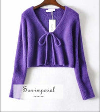 Sun-imperial Purple Tie front Fluffy Cropped Cardigan in Rib High Street Fashion