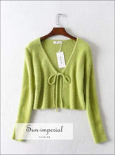 Sun-imperial Green Tie front Fluffy Cropped Cardigan in Rib High Street Fashion