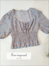 Sun-imperial Tie front Short Sleeved Blouse with Shirred Waist in Ditsy Floral High Street Fashion
