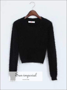 Sun-imperial Tight-fitting Elastic High Waist Short Furry Navel Long-sleeve Pullover All-over Fuzzy