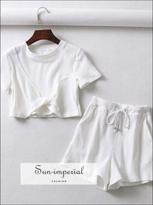 Sun-Imperial Sun-imperial Twist detail Ribbed Tee with Drawstring Waist Rib Shorts Summer Sets High Street