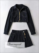 Two Piece Skirt Set with Cropped Denim Jacket and Low Waist Slit Hem Mini Denim Skirt - Sun Imperial (photo 1)