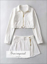 Two Piece Skirt Set with Cropped Denim Jacket and Low Waist Slit Hem Mini Denim Skirt - Sun Imperial (photo 2)