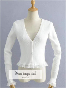 Sun-imperial V Neck White Button front Ribbed Cardigan with Lace Trimming Crop Knit top High Street