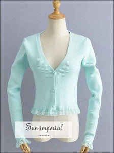 Sun-imperial V Neck Sky Blue Button front Ribbed Cardigan with Lace Trimming Crop Knit top High Street
