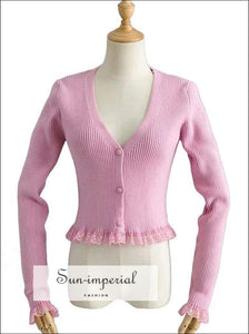 Sun-imperial V Neck Pink Button front Ribbed Cardigan with Lace Trimming Crop Knit top High Street