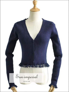 Sun-imperial V Neck White Button front Ribbed Cardigan with Lace Trimming Crop Knit top High Street