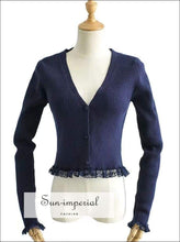 Sun-imperial V Neck Sky Blue Button front Ribbed Cardigan with Lace Trimming Crop Knit top High Street