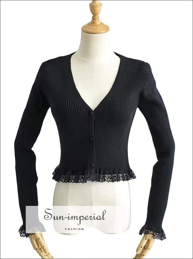 Sun-imperial V Neck Black  Button front Ribbed Cardigan with Lace Trimming Crop Knit top High Street