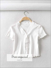 Sun-imperial V Neck Button up Fitted Crop top with Trimming High Street Fashion