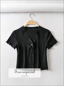 Sun-imperial V Neck Button up Fitted Crop top with Trimming High Street Fashion