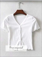 Sun-imperial V Neck Button up Rib top with Frill Trimming High Street Fashion SUN-IMPERIAL United States