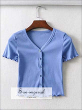 Sun-imperial V Neck Button up Rib top with Frill Trimming High Street Fashion SUN-IMPERIAL United States