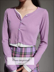 Sun-imperial V Neck Button Woman Knitting Tops High Waist Slim Single Row Buckle Long Sleeve Purple